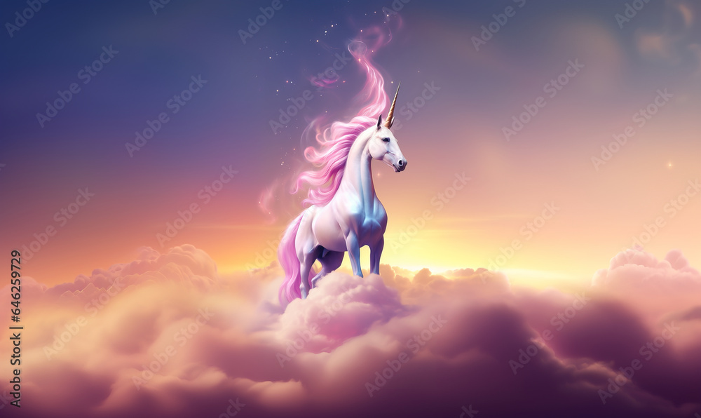 Magical unicorn with pink mane standing on top of clouds in the sky 