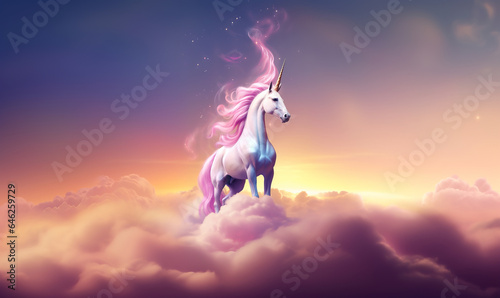 Magical unicorn with pink mane standing on top of clouds in the sky  © IBEX.Media