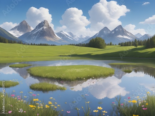Mountain Range with Lake and Wildflowers  Tranquil Scenery