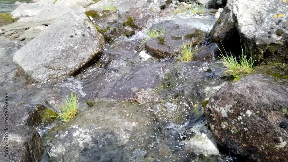 A transparent mountain stream flows into a mountain river. Cold clear water. The concept of fresh water reserves for drinking. A transparent mountain stream flows into a mountain river. Cold clear water. The concept of fresh water reserves for drinking.