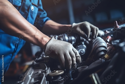 Close up mechanic hand are using the wrench to repair and maintenance auto engine is problems at car repair shop. Concepts of check and during periodic inspection service.
