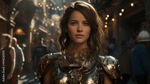 Steampunk superhero soars to save: Jetpack, corset, goggles. 