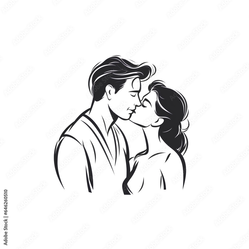 simple logo illustration line art sketch of a woman kissing a man as a couple