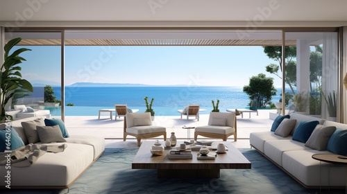 Luxury home living room interior with cool windows with ocean view