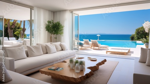 Luxury home living room interior with cool windows with ocean view © arthyeon