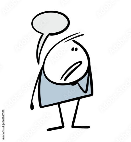 Disgruntled cartoon stickman looks at the interlocutor with hostility and asks a question. Vector illustration of character from comic book during a conversation.