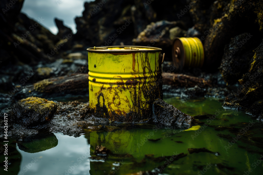 Fototapeta premium Rusted old steel drum under the ocean. Leaking toxic waste or oil into the sea. Concept of pollution and environmental disasters. Shallow field of view.
