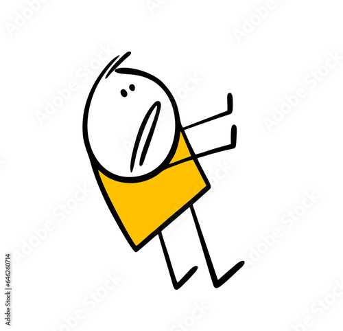Funny man falls back in surprise. Vector illustration of cartoon stickman closes his hands in fear and stops the interlocutor.