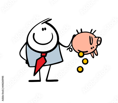 Satisfied businessman turned over a piggy bank and shakes coins out of bank. Vector illustration of a man in a business suit taking out savings for investment.