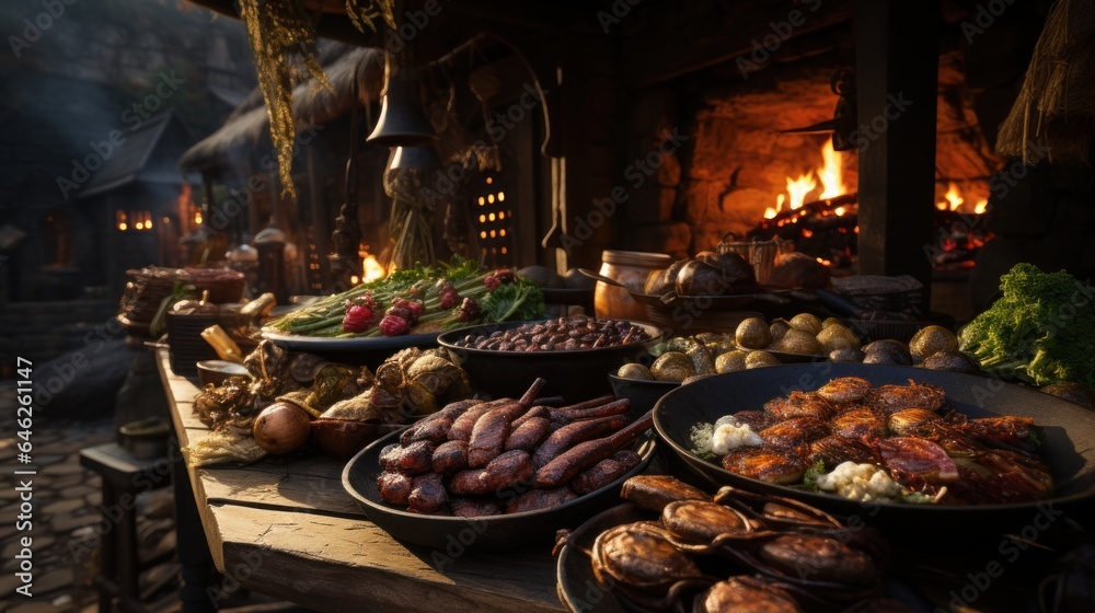 A close-up of a food stand in the Viking village.