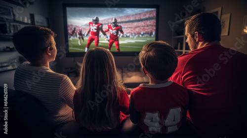 Victory. Excited, happy family watch american football match, championship on the couch at home. Fans emotional cheering for favourite national team. Daughter, dad and grandpa. Sport, TV, having fun.