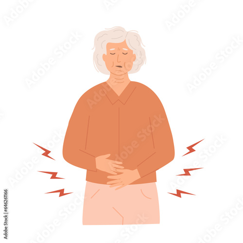 Mid age woman having an abdominal pain. Sick old lady. Senior citizen feeling unwell and holds her stomach. Stomachache, gynecological problem. Elderly patient, elderly care. Vector flat illustration.