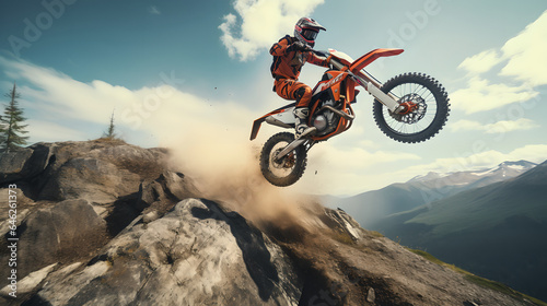 Motocross rider extreme adventure down dirt road, performing high jump capturing the essence of adventure in the great outdoors