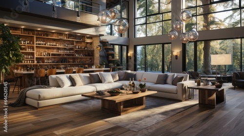 Contemporary tasting room  White slatted ceiling  walls  oak floor. 