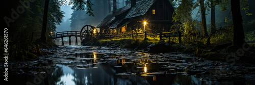 Mysterious silhouette of a classic Jura watermill set against a tranquil forest backdrop  under a sky lit by fireflies. Captures serene yet atmospheric solitude.