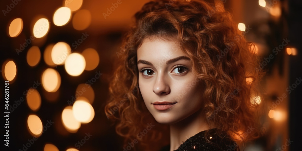 Beauty Girl in Festive Party. Beautiful Young Woman with curly hair on a Dark Background with blurred holiday or Christmas lights, Christmas and New Year party	