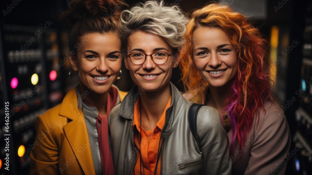 A group of elderly women managing computers in data room. Generative AI A group of elderly women managing computers in data room. Generative AI