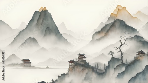 Traditional Chinese house hill scenery landscape watercolor painting wallpaper oriental background © creatived4u