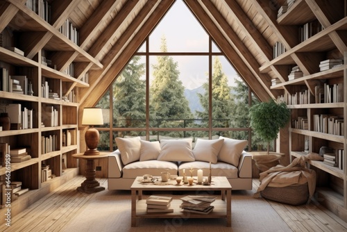 Corner sofa and rustic coffee table against wood lining wall with book shelves  scandinavian home interior design of modern living room in attic.