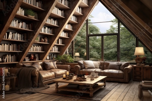Corner sofa and rustic coffee table against wood lining wall with book shelves, scandinavian home interior design of modern living room in attic. © radekcho