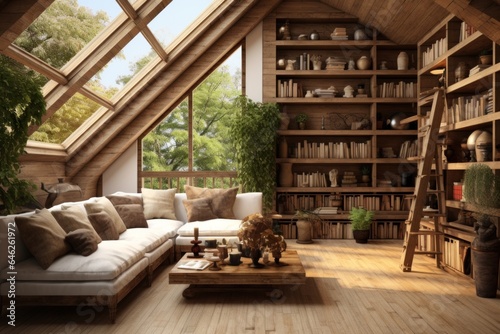 Corner sofa and rustic coffee table against wood lining wall with book shelves  scandinavian home interior design of modern living room in attic.