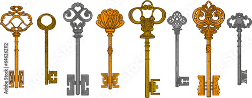 Colorful keys set of different shape ornament and secrecy in vintage style isolated vector illustration