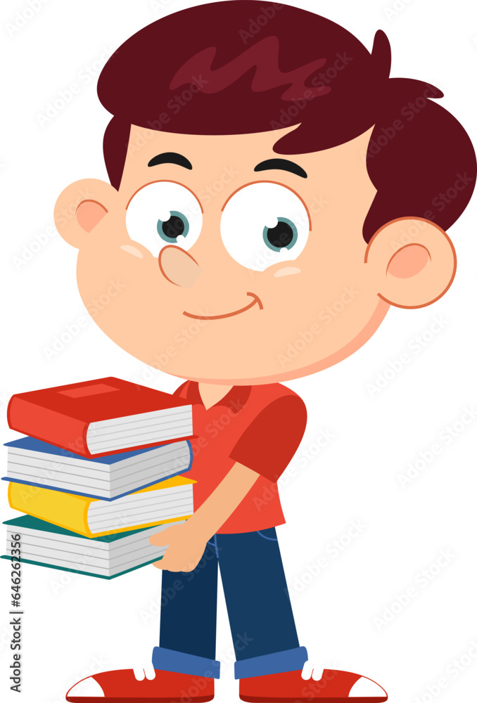 Cute School Boy Cartoon Character Holding Stack Of Textbooks. Vector Illustration Flat Design Isolated On Transparent Background Cute School Boy Cartoon Character Holding Stack Of Textbooks. Vector Illustration Flat Design Isolated On Transparent Background