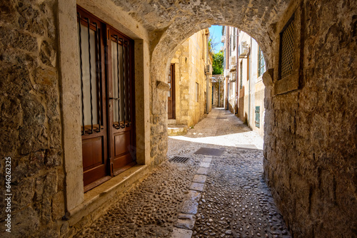 street view of the old town Dubrovnik, Croatia, medieval European architecture, narrow streets in historic city, the concept of traveling through the Balkans