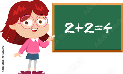 Smiling School Girl Cartoon Character Writing On Blackboard. Vector Illustration Flat Design Isolated On Transparent Background