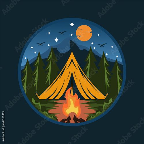 Camping tent illustration with mountains forest for logo badges poster emblem