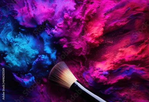 Make up brushes and colorful powder dust explosion background.