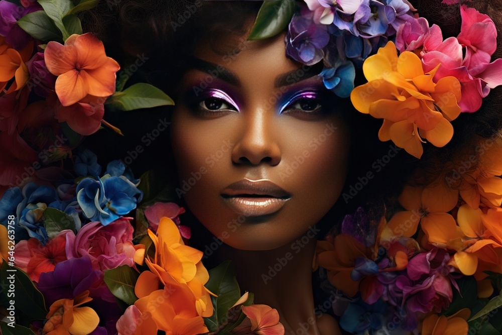 Close-up of the face of a beautiful black woman, with beautiful skin and blue and mailva makeup on her eyes and surrounded by beautiful flowers. Generative AI