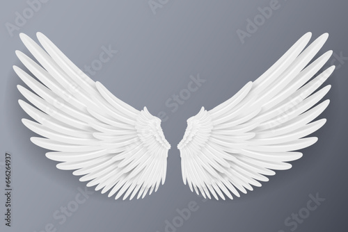 Realistic wings. Angel wings. White isolated pair of falcon wings, 3D bird wings design template.