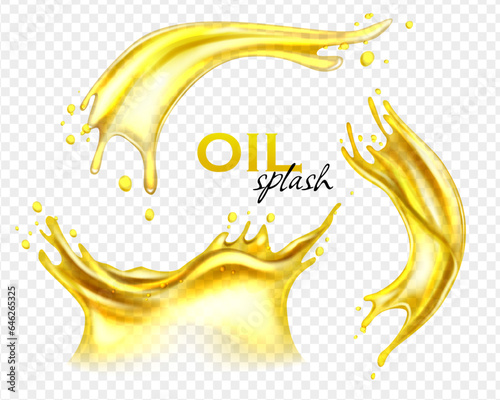 Oil splashing isolated. Fruit beverage elements for advertising or package design. Realistic yellow liquid with drop