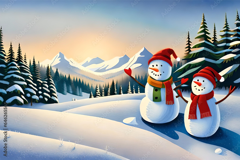 Obraz premium a whimsical and playful illustration of a snowman family enjoying a day of sledding and building snow forts | Generative AI