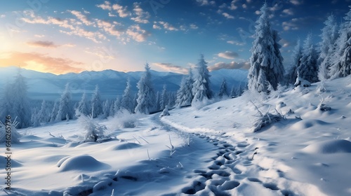 Fantastic winter landscape and trodden trails that lead into the mountains. In anticipation of the holiday. © Lucky Ai