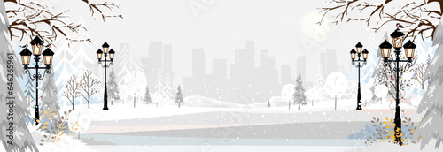 Christmas background,Winter landscape with snowy in city park.Vector cartoon horizon scenery winter wonderland with blizzard in the town at night,Panoramic banner urban outdoor for New Year Background