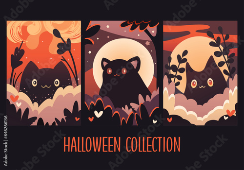 Set of Halloween eye-catching card, banner, background, flyer, placard with cute kitty ghosts. Collection of gift tag, label or poster template with little cat ghost. Vector illustration EPS8