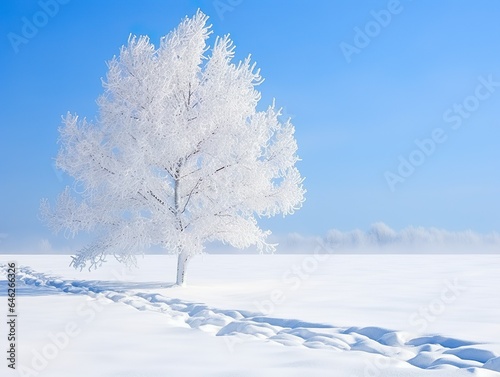 Winter landscape with white frost on the tree, cold winter day. Generative AI.