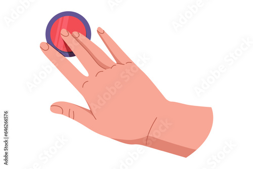 Hand pushing and pressing button. Finger pressing button. Turn on and off. Launch, start, control concept. Vector illustration EPS10