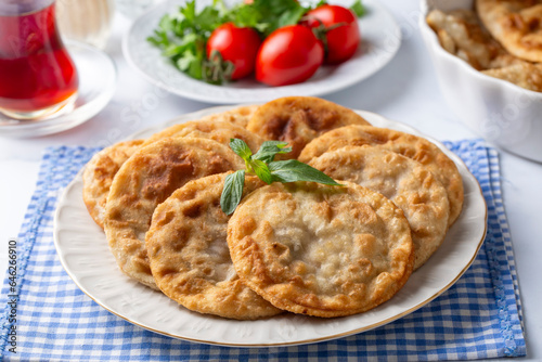 Delicious meat pie from Turkish cuisine. Fried handmade pies. Turkish name; fincan boregi or puf borek