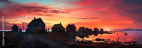 Moonlit silhouette of colorful wooden houses in a tranquil Greenlandic village  evoking a sense of Arctic adventure and indigenous heritage.