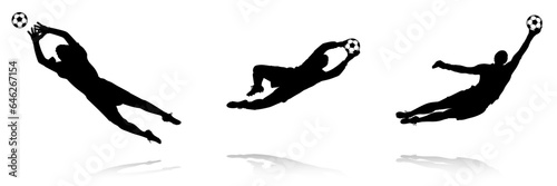 Football Soccer player silhouette with ball. Goalkeepers Set. High quality isolated Logo. Sport player shooting on white background. Vector illustGation