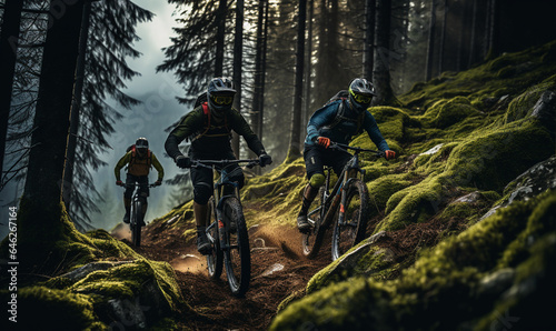 Mountain Bike cyclist riding mountain bike with friends along a trail in a misty forest. © Mangsaab