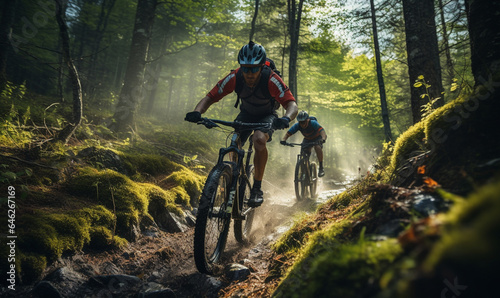 Fotografia, Obraz Mountain Bike cyclist riding mountain bike with friends along a trail in a misty forest