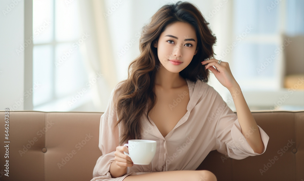 Beautiful young asian woman sitting on sofa and enjoying first morning coffee on sunshine Beautiful young asian woman sitting on sofa and enjoying first morning coffee on sunshine