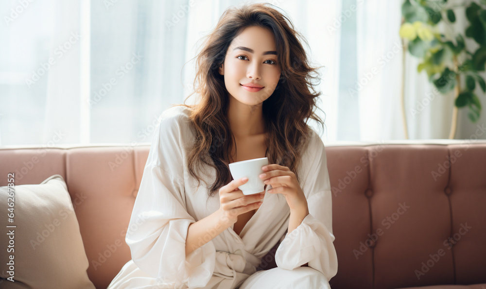 Beautiful young asian woman sitting on sofa and enjoying first morning coffee on sunshine Beautiful young asian woman sitting on sofa and enjoying first morning coffee on sunshine