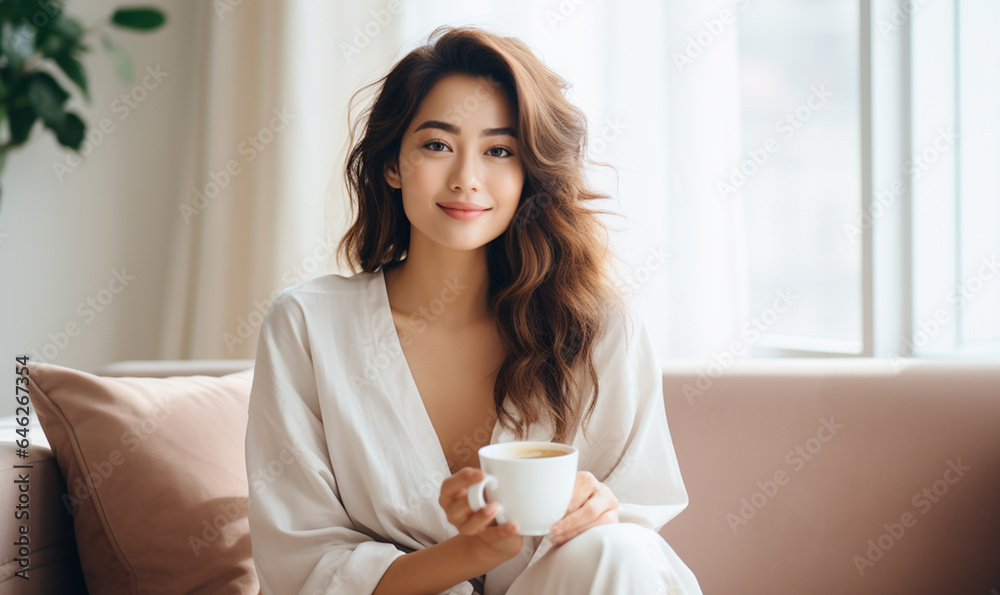Beautiful young asian woman sitting on sofa and enjoying first morning coffee on sunshine Beautiful young asian woman sitting on sofa and enjoying first morning coffee on sunshine