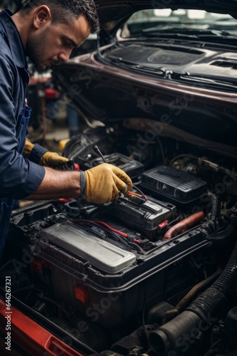 Technician Hands of car mechanic working repair in auto repair Service electric battery and Maintenance of car battery. Check the electrical system inside the car © Marpa