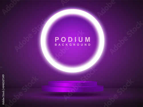  An empty blue podium floats in the air with a neon ring in the background.